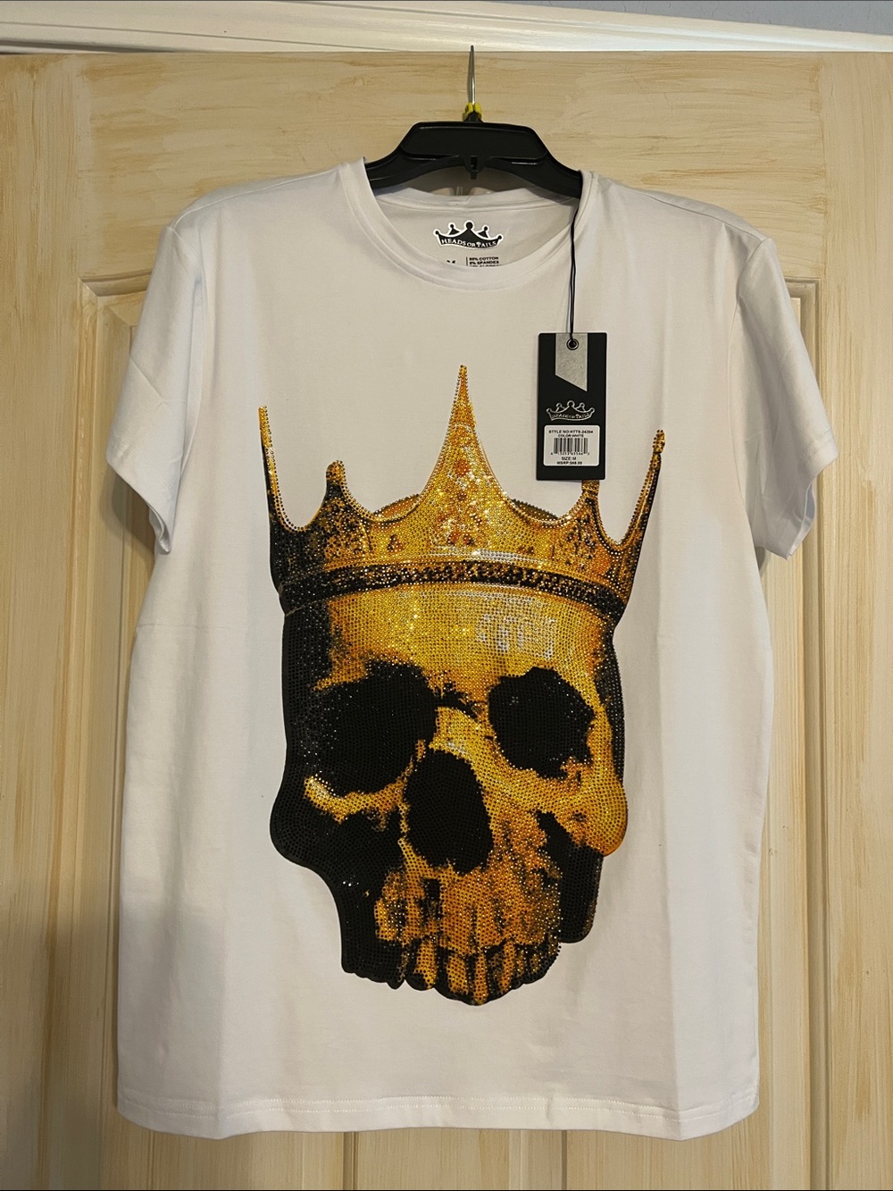 Men's White Short-Sleeve Tee with Gold Crown Skull Graphic 95% Cotton